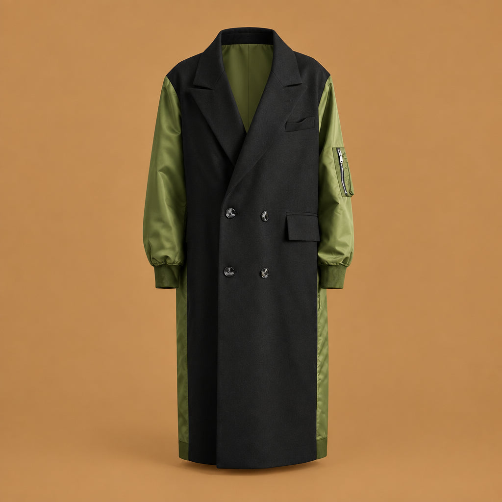 Comfortable military bomber spliced long trench coat black green highlighting fine pocket detailing, rugged construction, and an attractive look for outdoor outings
