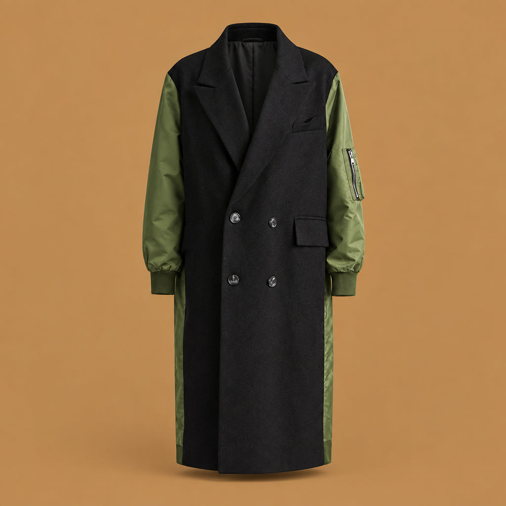 Elegant military bomber spliced long trench coat black green built with skin-friendly fabric, featuring classic lapel collar aesthetics and smooth texture throughout