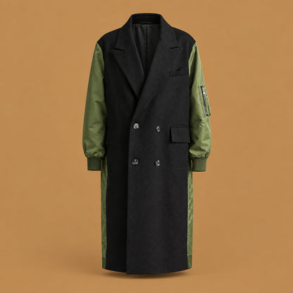 Elegant military bomber spliced long trench coat black green built with skin-friendly fabric, featuring classic lapel collar aesthetics and smooth texture throughout