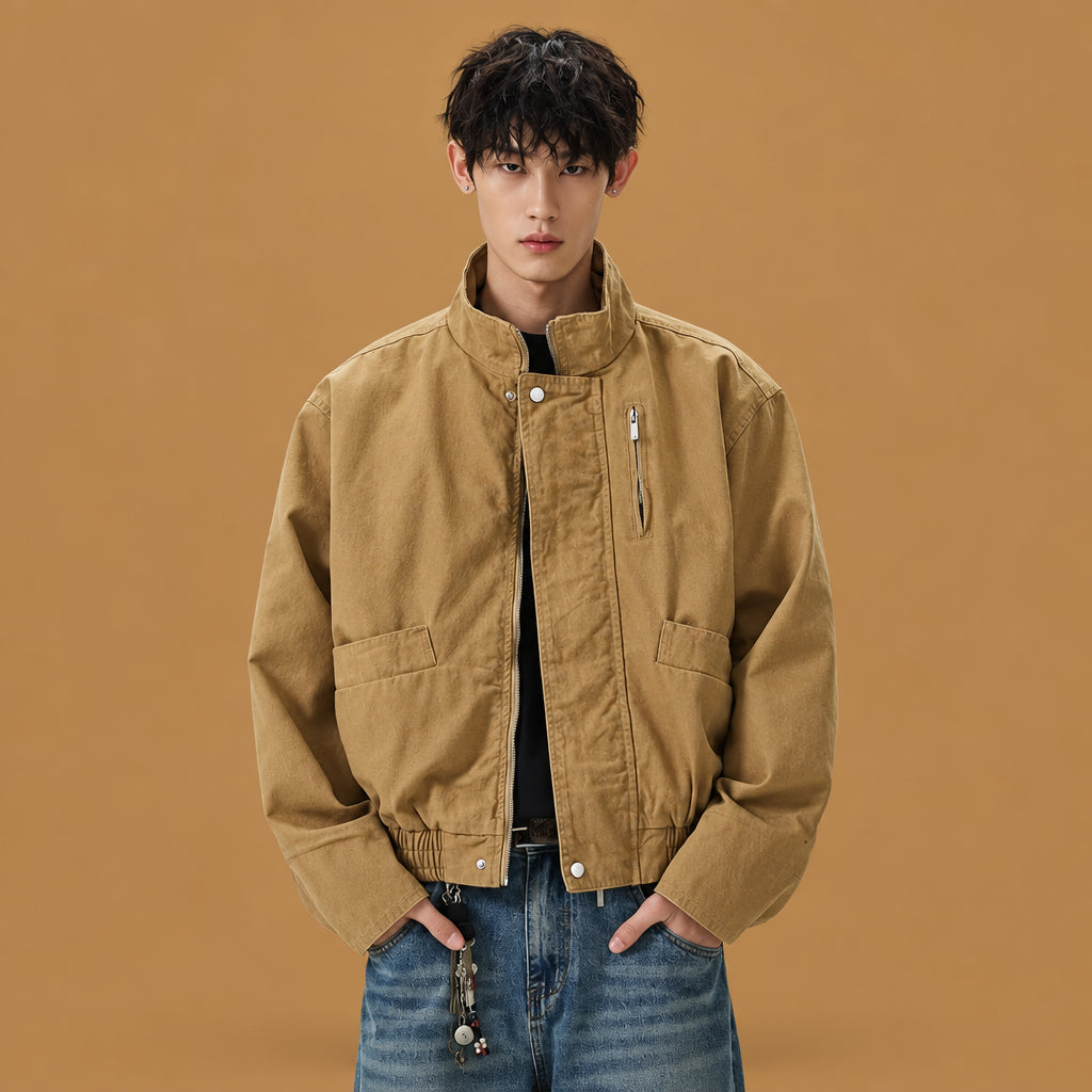 Trendy retro stand-up collar short cotton bomber coat featuring a classic silhouette and breathable material ideal for effortless seasonal styling and comfort