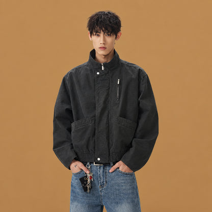 Comfortable retro stand-up collar short cotton bomber coat highlighting fine zipper detailing, rugged construction, and an attractive look for outdoor outings