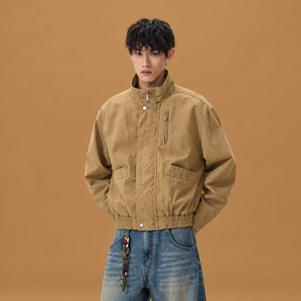Elegant retro stand-up collar short cotton bomber coat built with skin-friendly fabric, featuring classic stand collar aesthetics and smooth texture throughout