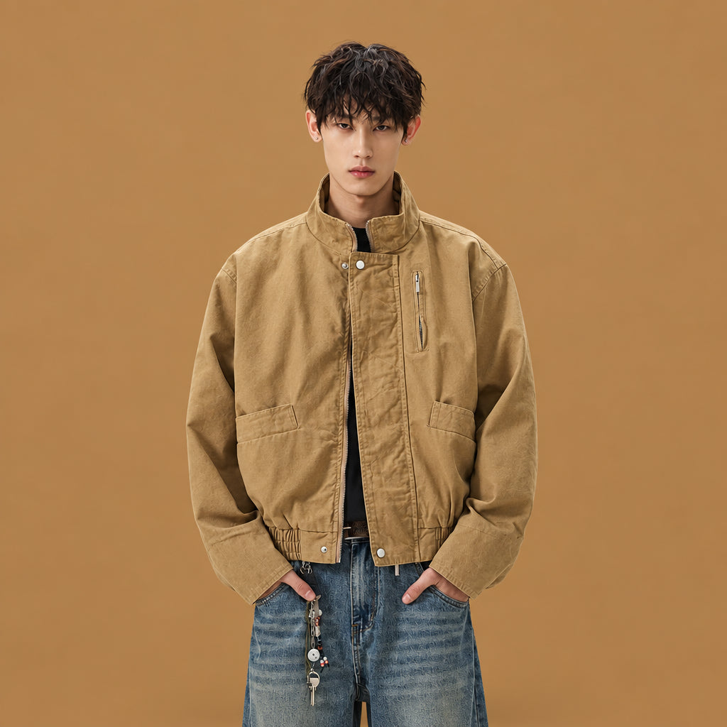 Casual wear retro stand-up collar short cotton bomber coat equipped with reinforced stitching seams and a flattering fit that complements various body shapes