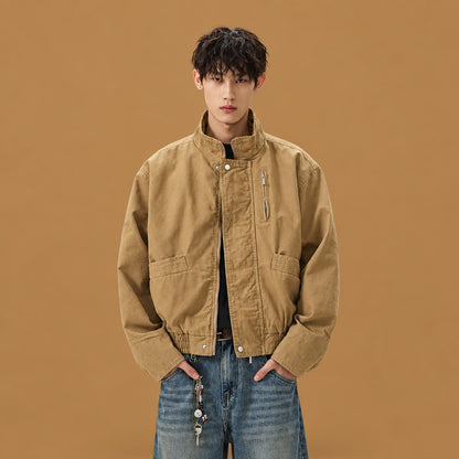 Casual wear retro stand-up collar short cotton bomber coat equipped with reinforced stitching seams and a flattering fit that complements various body shapes