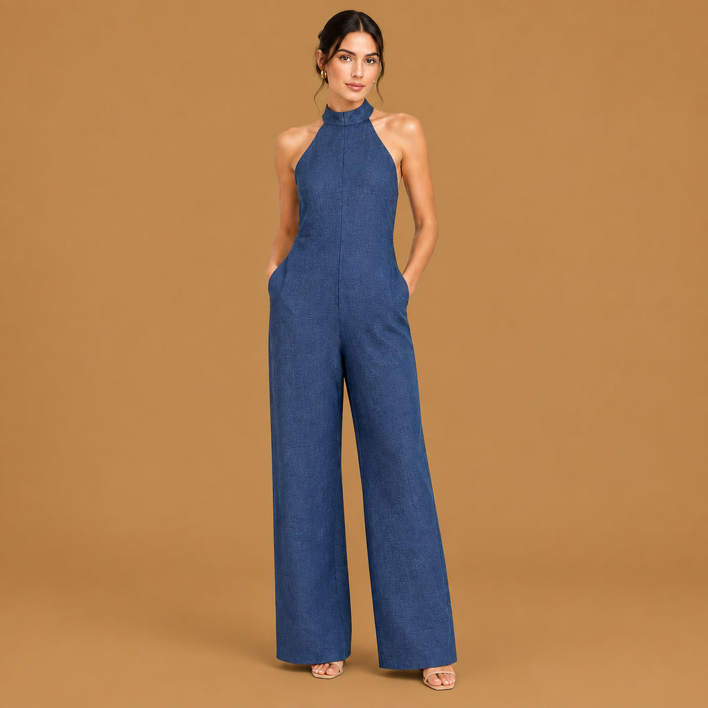 Stylish sleeveless halter ruffled young womens cami jumpsuit showcasing a comfortable elegant fit with premium soft fabric and chic design details for modern daily wear