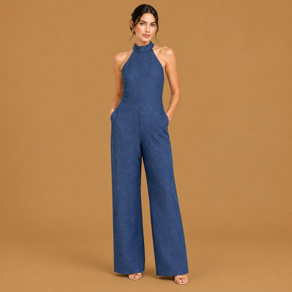 Stylish sleeveless halter ruffled young womens cami jumpsuit showcasing a comfortable elegant fit with premium soft fabric and chic design details for modern daily wear