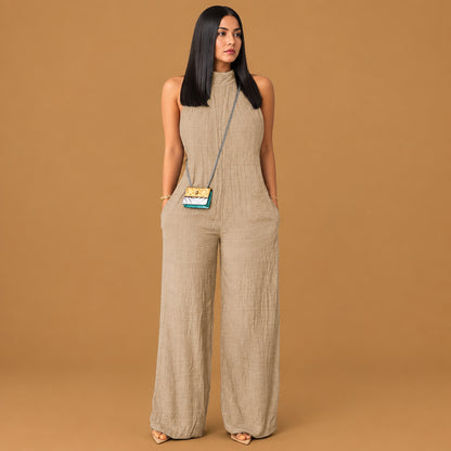 Trendy sleeveless halter ruffled young womens cami jumpsuit featuring a flattering silhouette and breathable material ideal for effortless summer styling and comfort