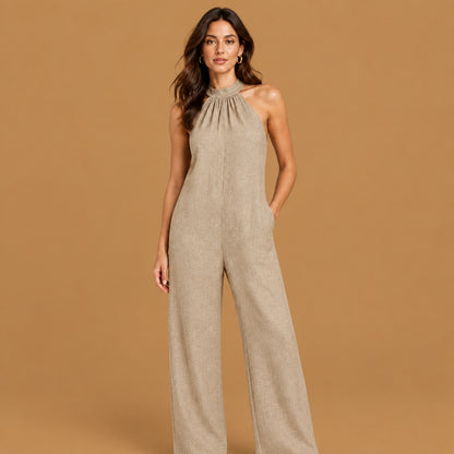 Comfortable sleeveless halter ruffled young womens cami jumpsuit highlighting fine ruffle detailing, durable construction, and an attractive look for outdoor outings