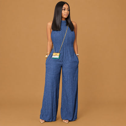 Elegant sleeveless halter ruffled young womens cami jumpsuit built with skin-friendly fabric, featuring classic halter neckline aesthetics and smooth texture throughout