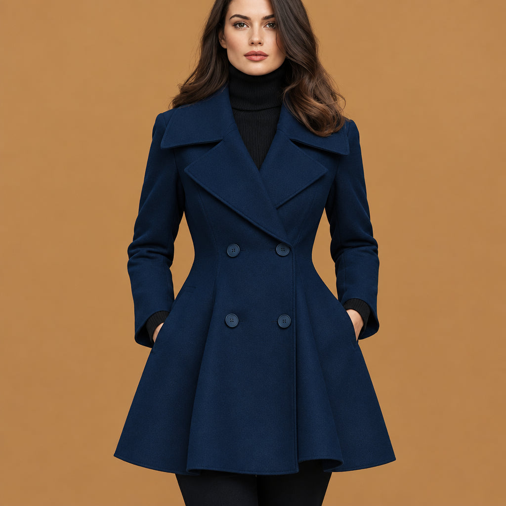 Stylish solid color lapel double breasted long sleeve coat navy showcasing a comfortable elegant fit with premium durable fabric and chic design details for modern autumn wear