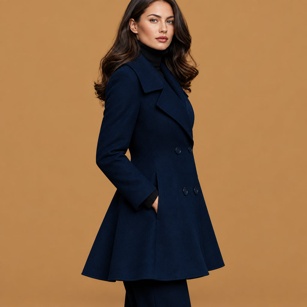 Comfortable solid color lapel double breasted long sleeve coat navy highlighting fine button detailing, rugged construction, and an attractive look for outdoor outings