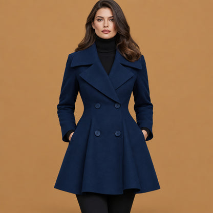 Elegant solid color lapel double breasted long sleeve coat navy built with skin-friendly fabric, featuring classic lapel collar aesthetics and smooth texture throughout