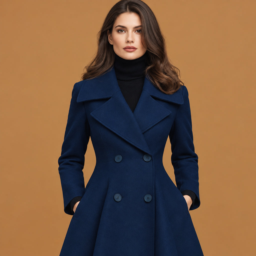 Modern solid color lapel double breasted long sleeve coat navy designed for active lifestyle events, offering maximum flexibility and lightweight daily warmth