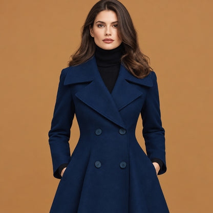 Modern solid color lapel double breasted long sleeve coat navy designed for active lifestyle events, offering maximum flexibility and lightweight daily warmth