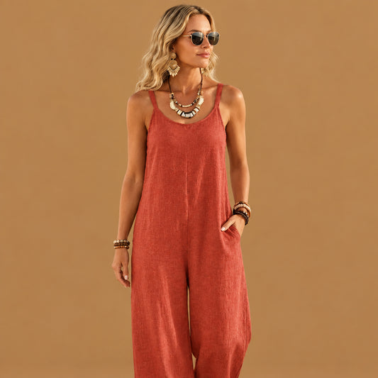 Trendy summer womens casual solid color wide leg jumpsuit featuring a flattering silhouette and breathable material ideal for effortless summer styling and comfort