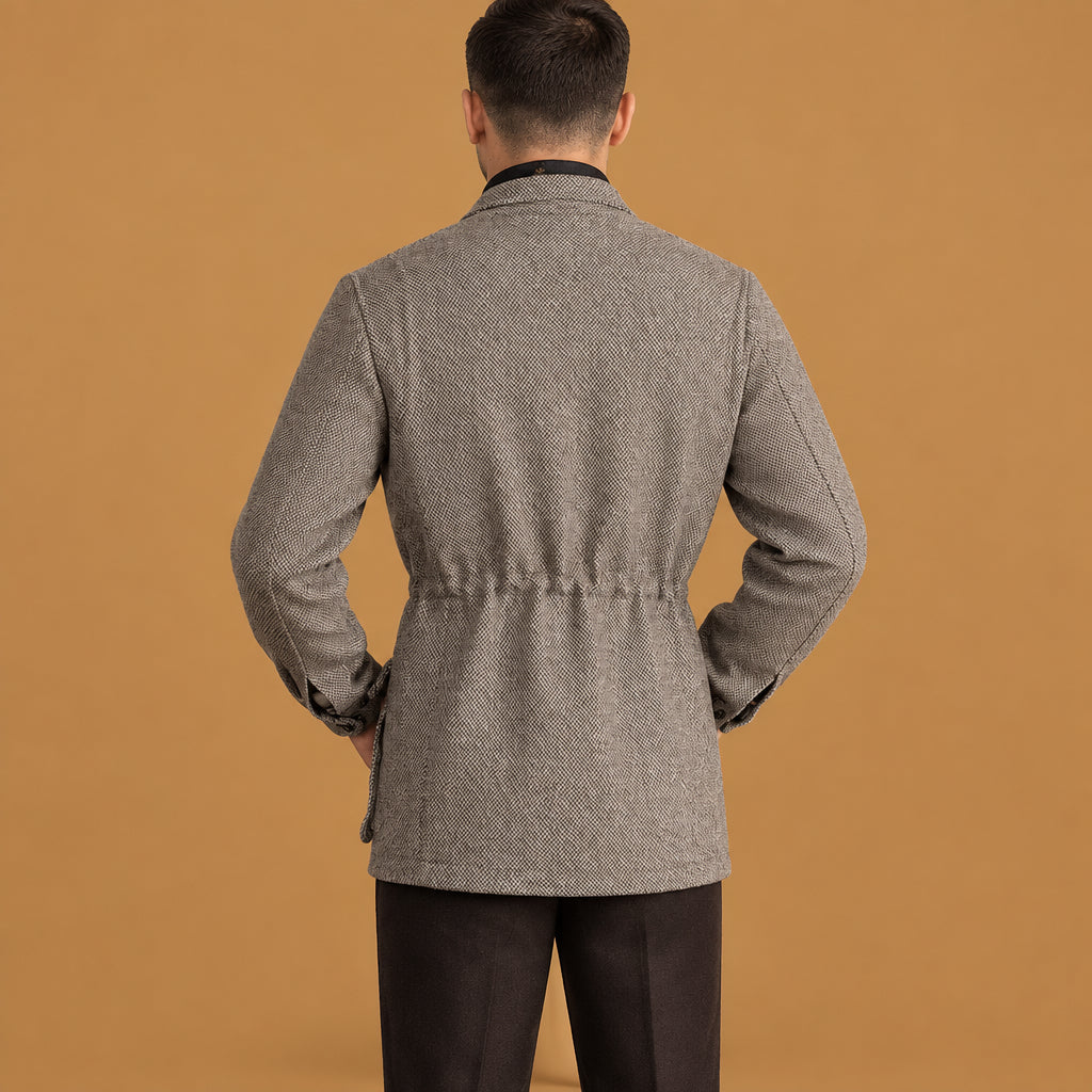 Comfortable vintage loose single breasted lapel wool blend coat highlighting fine button detailing, rugged construction, and an attractive look for outdoor outings