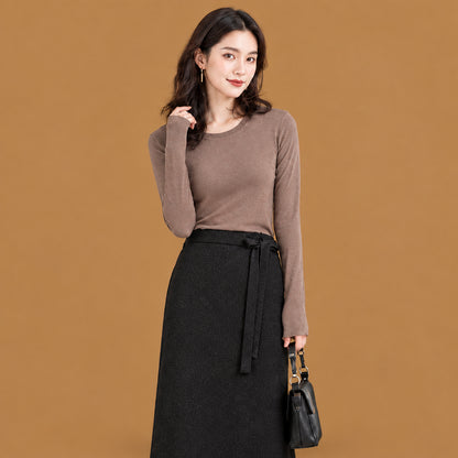 Women's basic solid color crew neck slim fitted long-sleeve t-shirt made from soft and comfortable viscose fabric for everyday wear and layering
