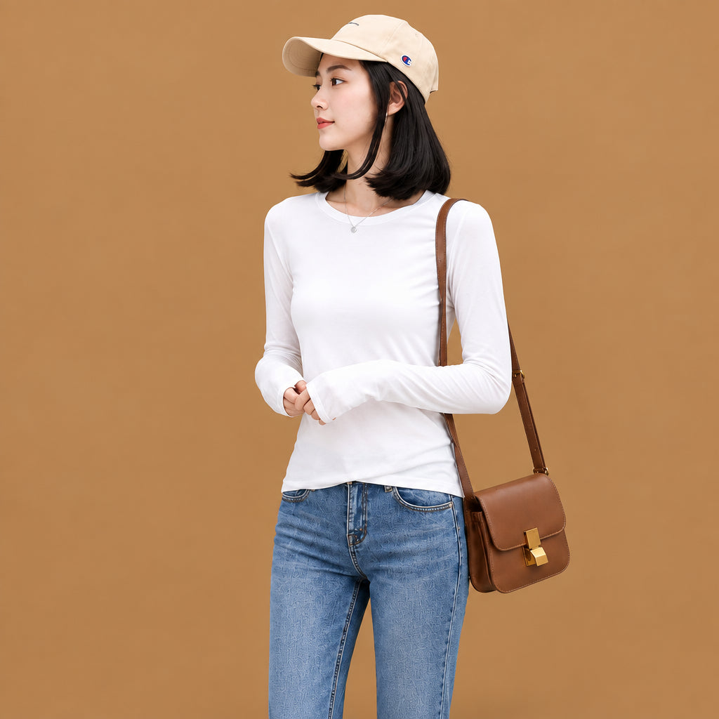 Casual slim fit long-sleeve crew neck viscose t-shirt designed for women seeking comfort, stretch, and a flattering silhouette