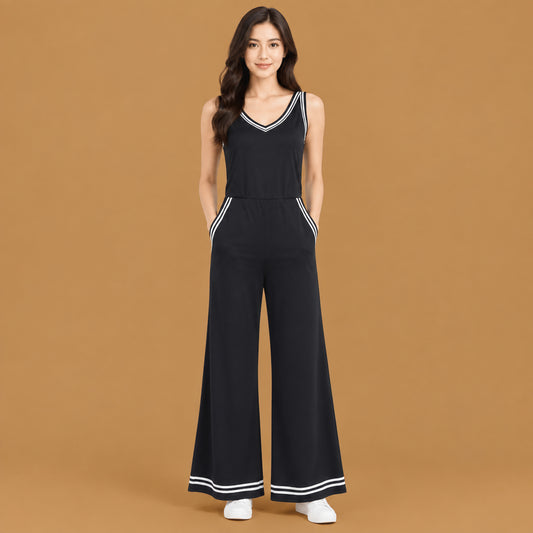 Trendy womens contrast trim wide leg jumpsuit for daily wear featuring an airy silhouette and breathable material ideal for effortless casual styling and comfort