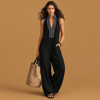 Elegant womens simple sleeveless full length jumpsuit built with skin-friendly fabric, featuring classic neckline aesthetics and smooth texture throughout