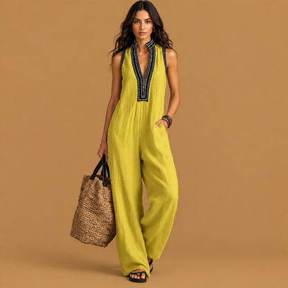 Chic womens simple sleeveless full length jumpsuit acting as a versatile wardrobe staple with a smooth finish and effortless casual elegance