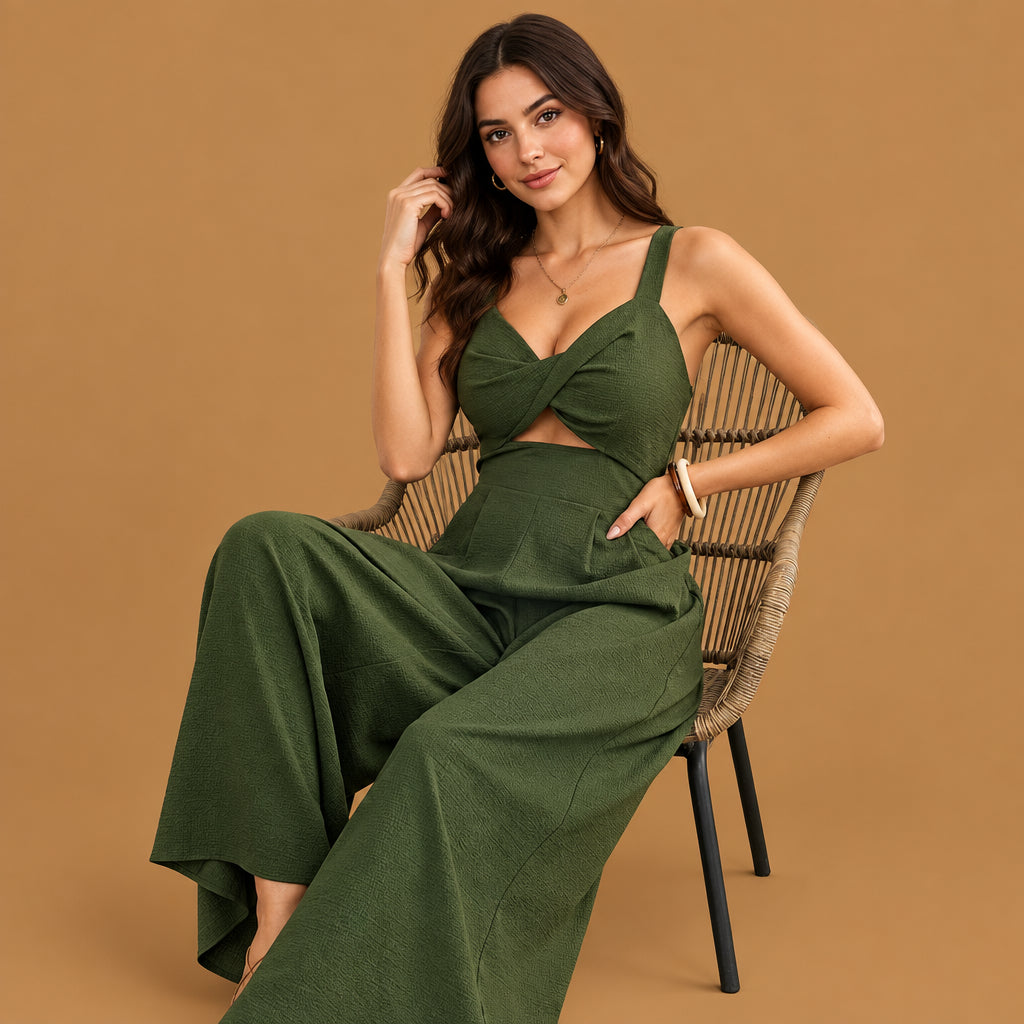 Stylish womens solid color loose overall beach jumpsuit army green showcasing a comfortable relaxed fit with premium soft fabric and chic design details for modern daily wear