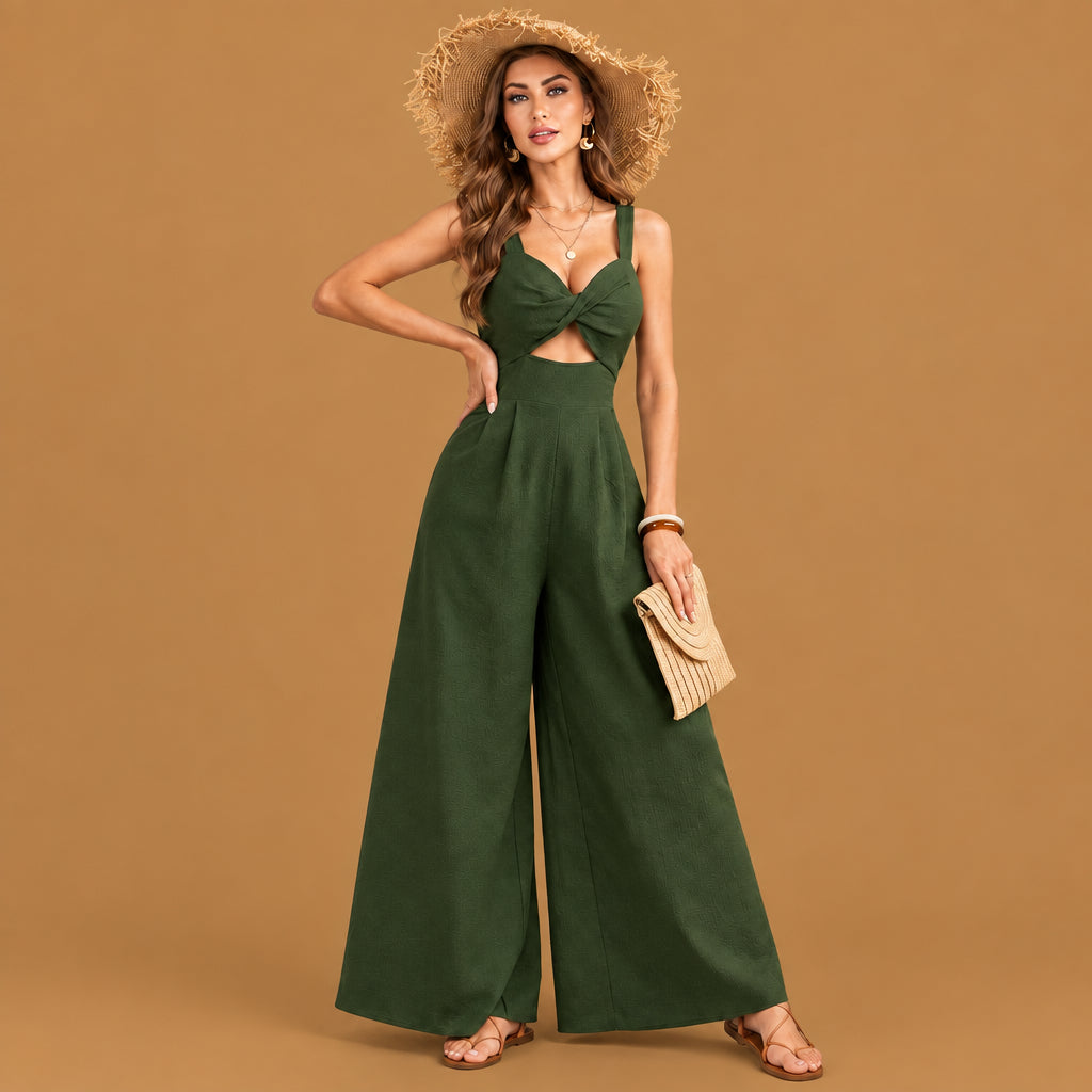 Comfortable womens solid color loose overall beach jumpsuit army green highlighting fine tailoring, durable construction, and an attractive look for outdoor outings