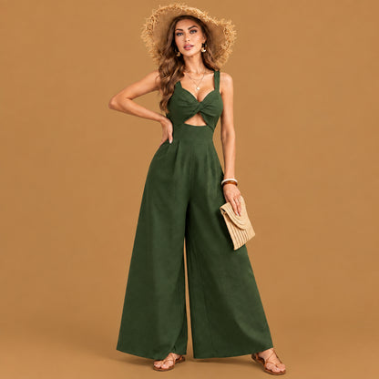 Comfortable womens solid color loose overall beach jumpsuit army green highlighting fine tailoring, durable construction, and an attractive look for outdoor outings