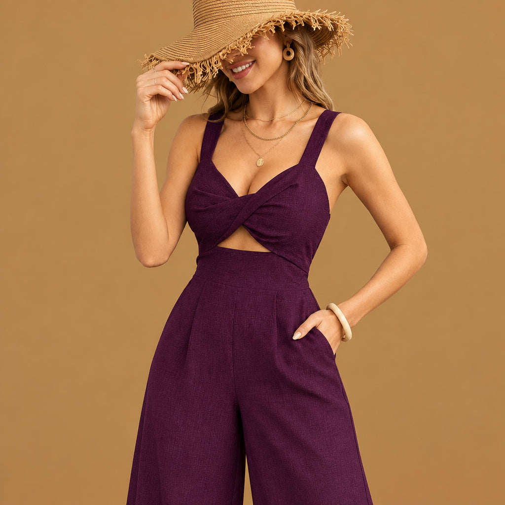 Elegant womens solid color loose overall beach jumpsuit army green built with skin-friendly fabric, featuring classic neckline aesthetics and smooth texture throughout