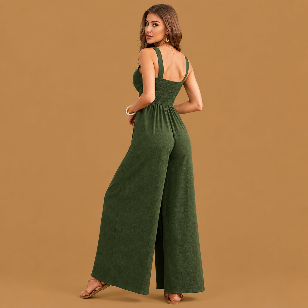 Modern womens solid color loose overall beach jumpsuit army green designed for active lifestyle events, offering maximum flexibility and lightweight daily wear