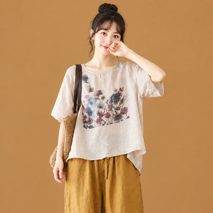 Artistic ink graphic women's short-sleeve tee designed with a chic asymmetrical cut and soft, breathable fabric for a modern streetwear look