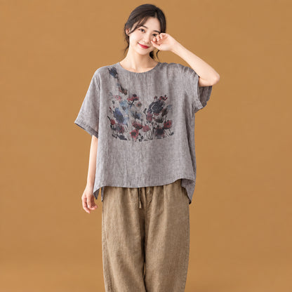 Unique asymmetric short-sleeve t-shirt for women adorned with a classic ink print pattern and lightweight material for all-day comfort