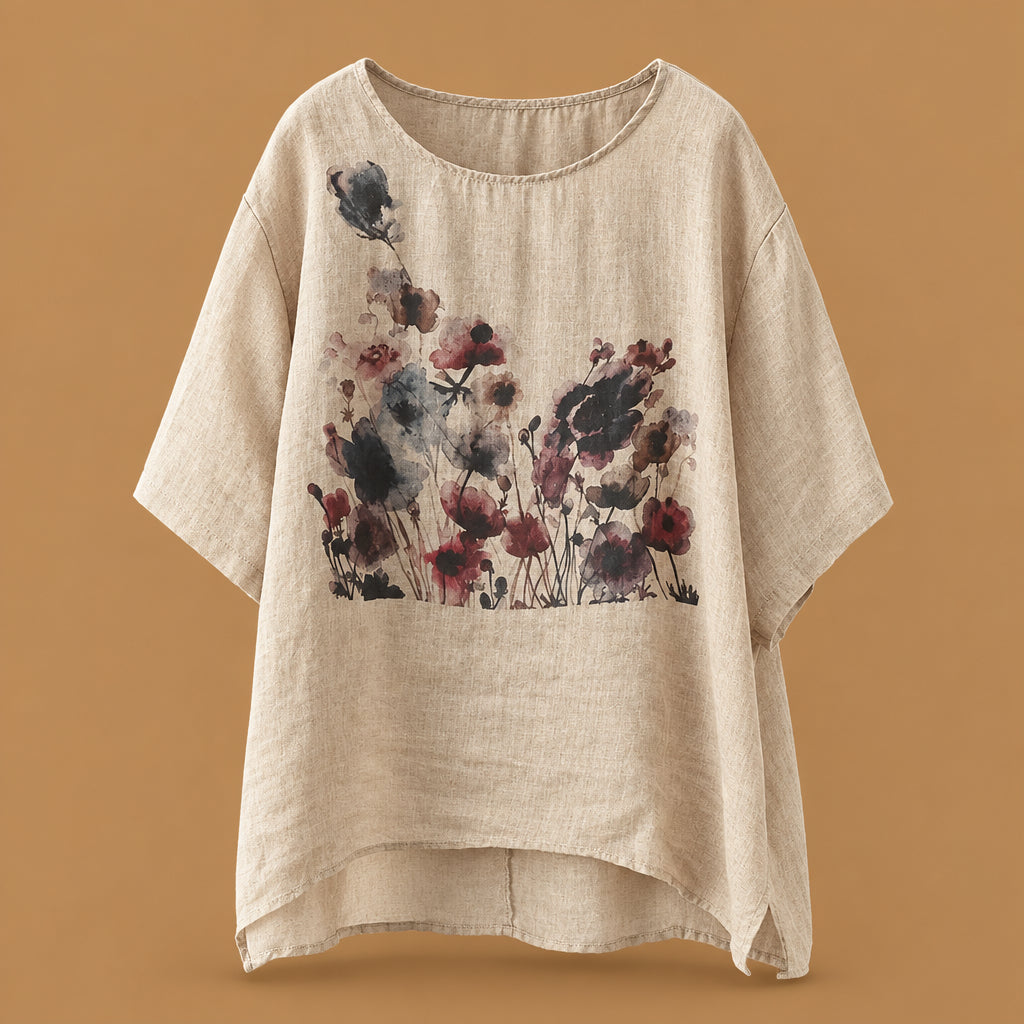Casual short-sleeve t-shirt for women styled with a striking vintage ink print and a comfortable, relaxed fit
