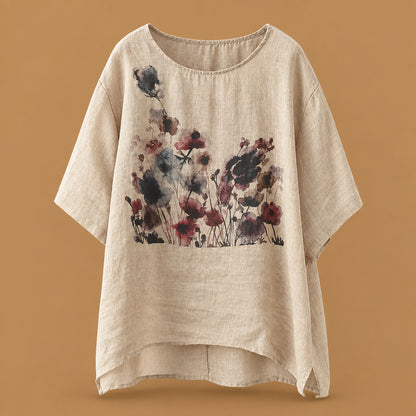 Casual short-sleeve t-shirt for women styled with a striking vintage ink print and a comfortable, relaxed fit